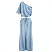 Lucy Ashwood | Off-Shoulder Denim Maxi Skirt Set For Women