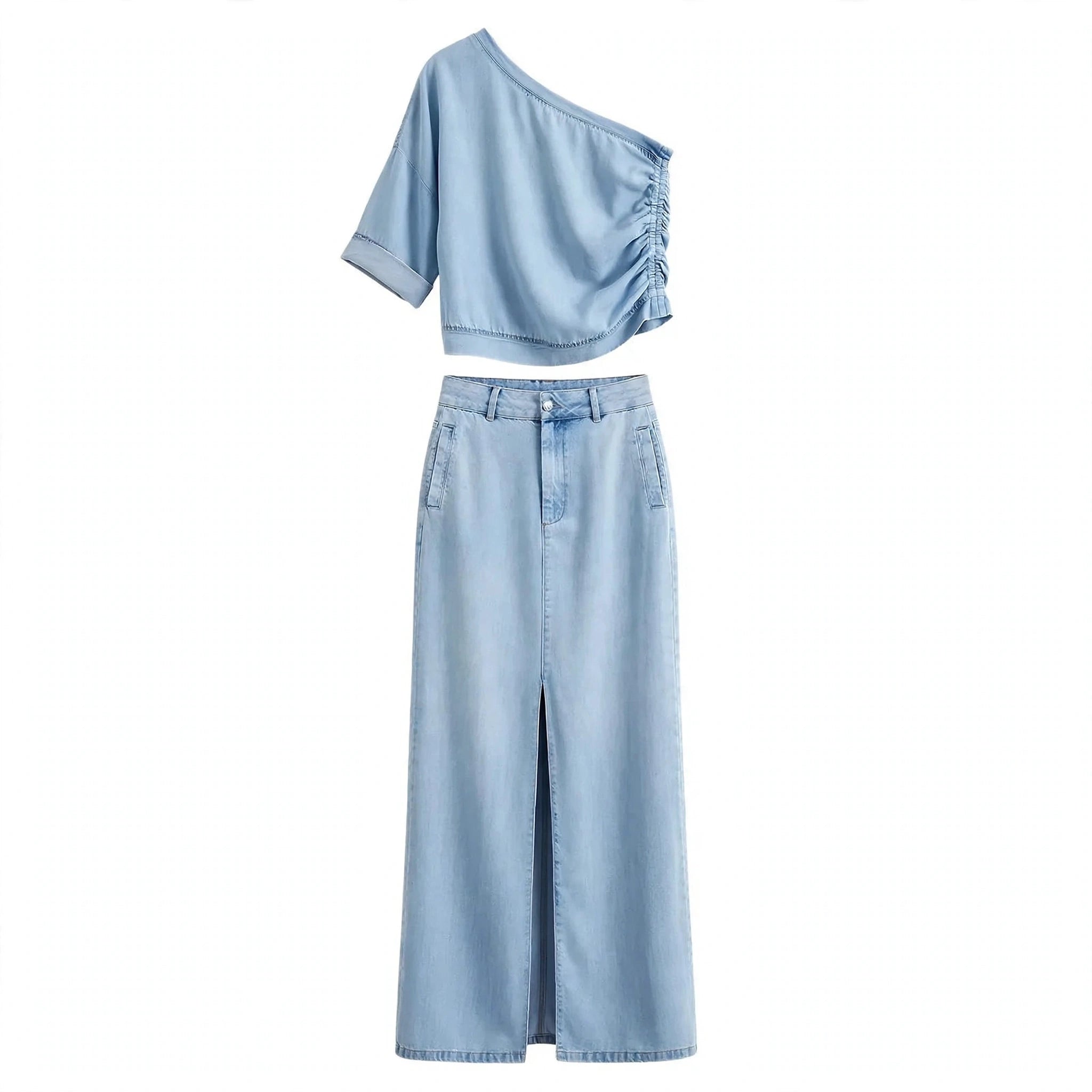 Lucy Ashwood | Off-Shoulder Denim Maxi Skirt Set For Women