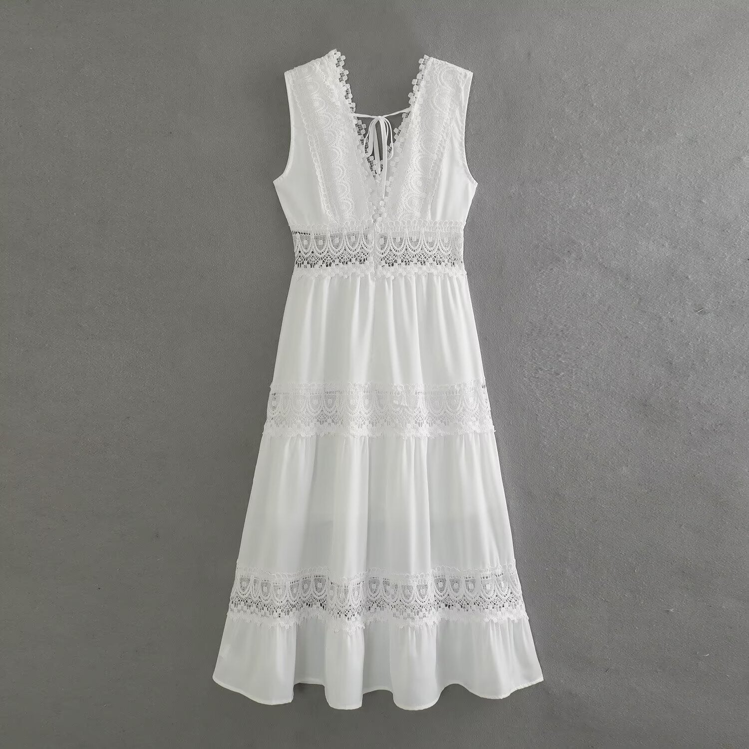 Amalia Henbridge | White Lace Trim V-Neck Midi Dress For Women