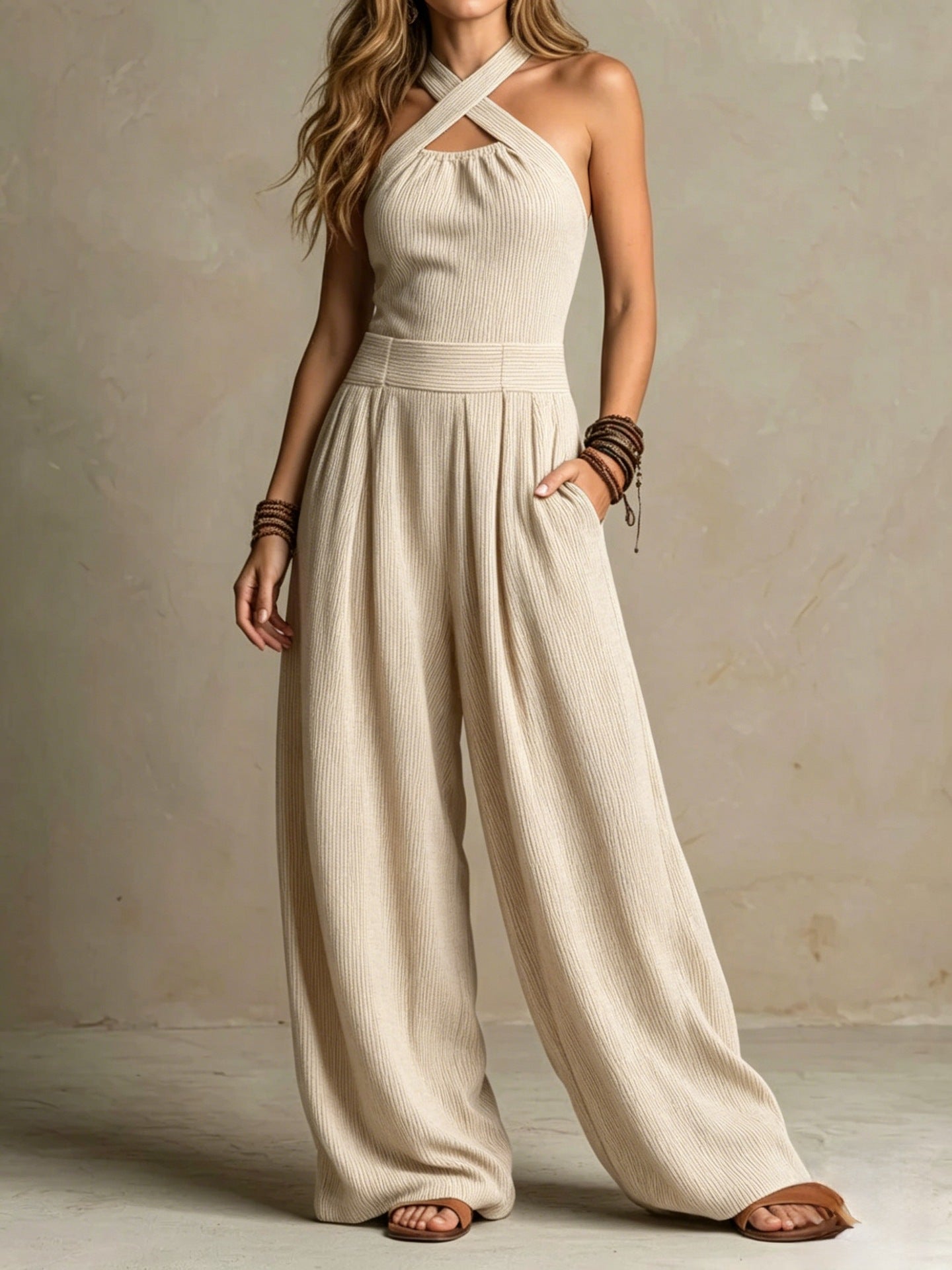 Cecilia Kelcombe | Charcoal Cross Halter Wide-Leg Jumpsuit For Women