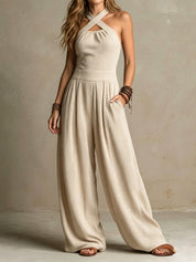 Cecilia Kelcombe | Charcoal Cross Halter Wide-Leg Jumpsuit For Women
