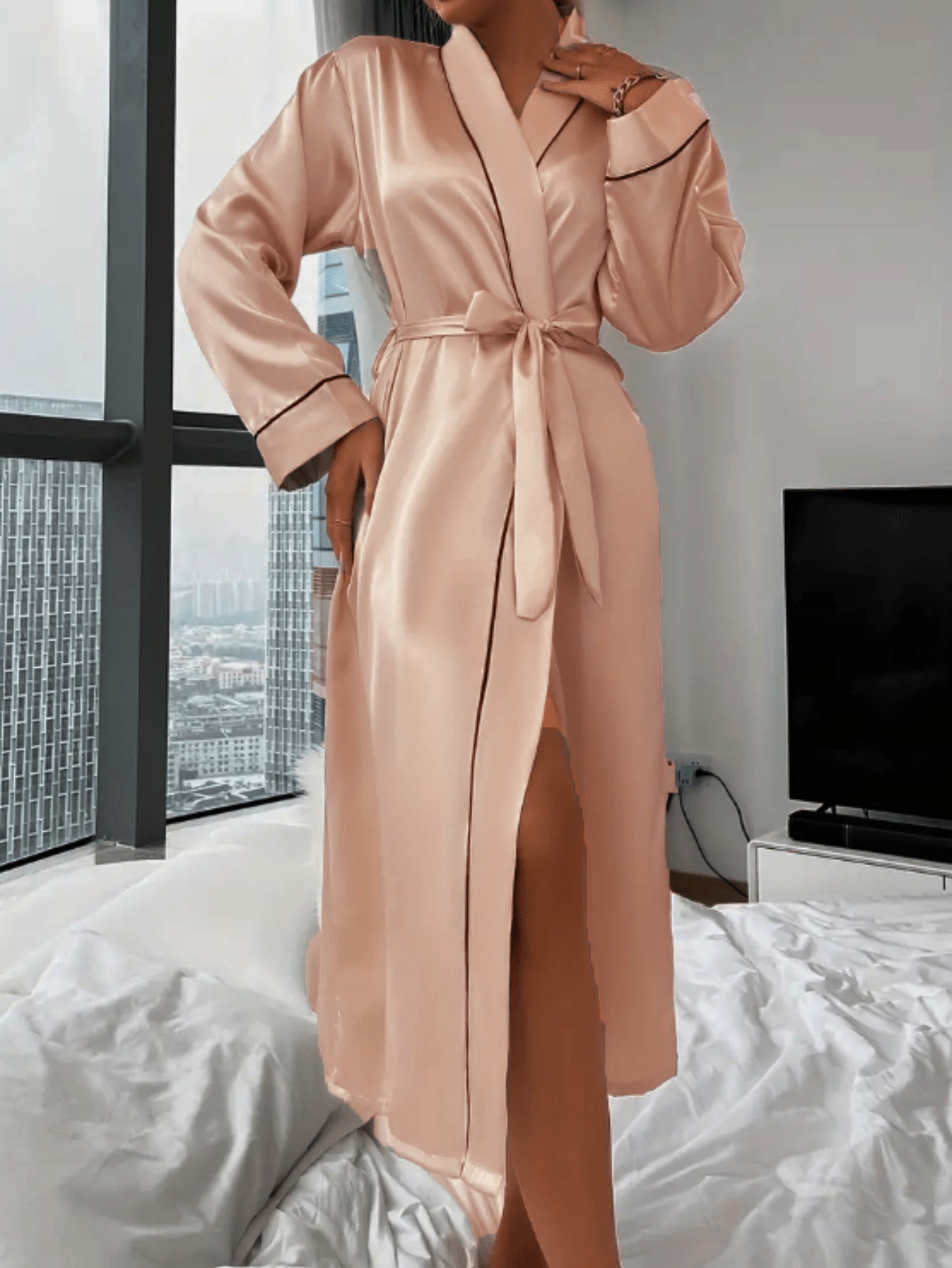 Franca Bramcroft | Satin Wrap Robe with Piped Trim For Women