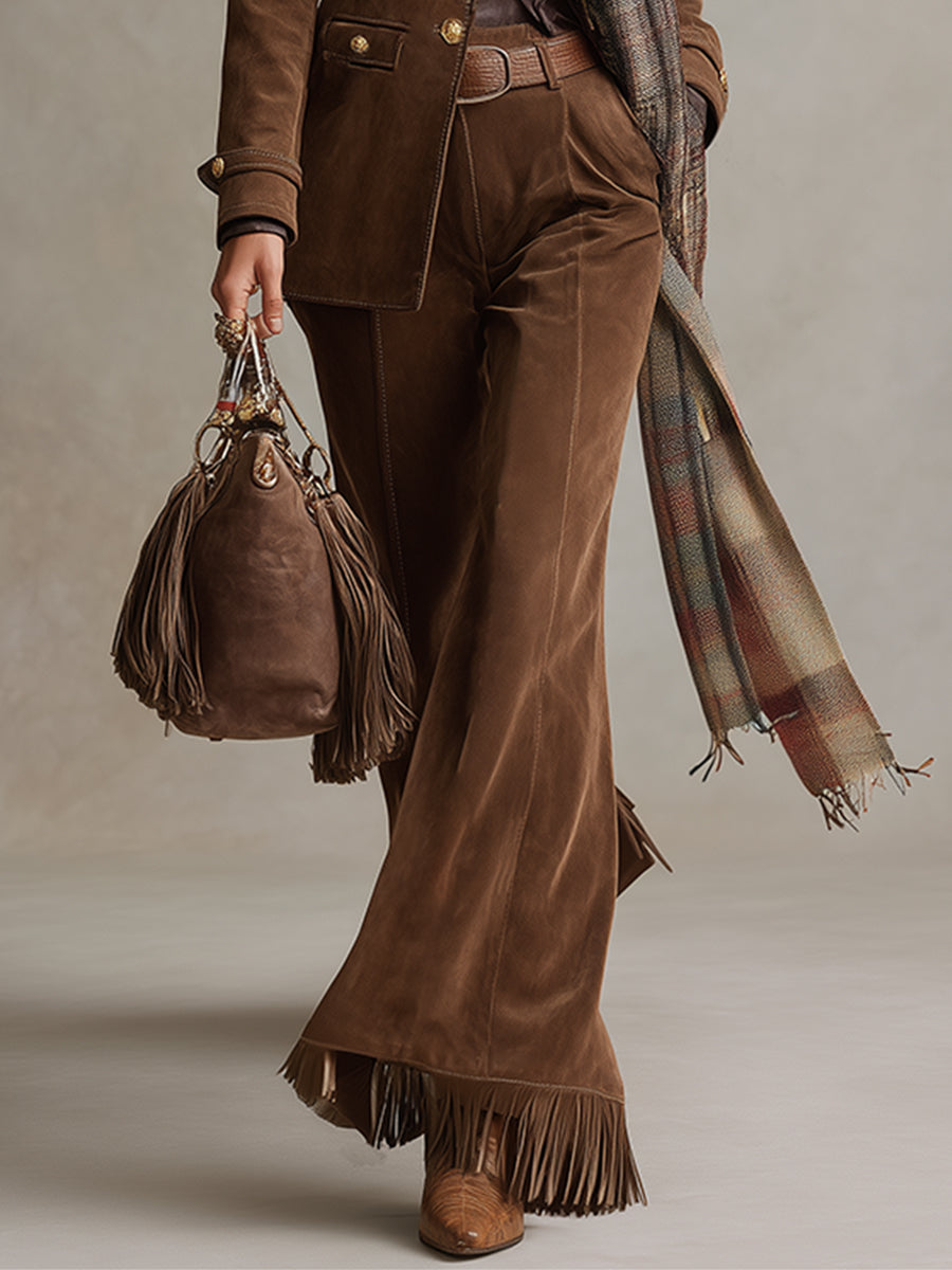 Marnie Ashdown | Faux Suede Flared Trousers With Fringe Hem For Women