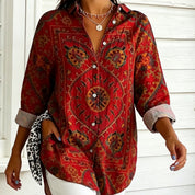 Brunella Swinford | Red Retro Print Button-Up Shirt For Women