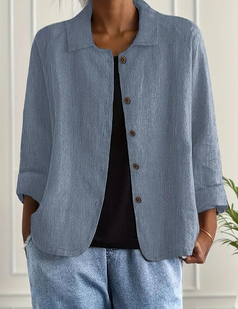 Amélie Rousseau | Sky Breeze Button Linen Jacket with Relaxed Elegance For Women