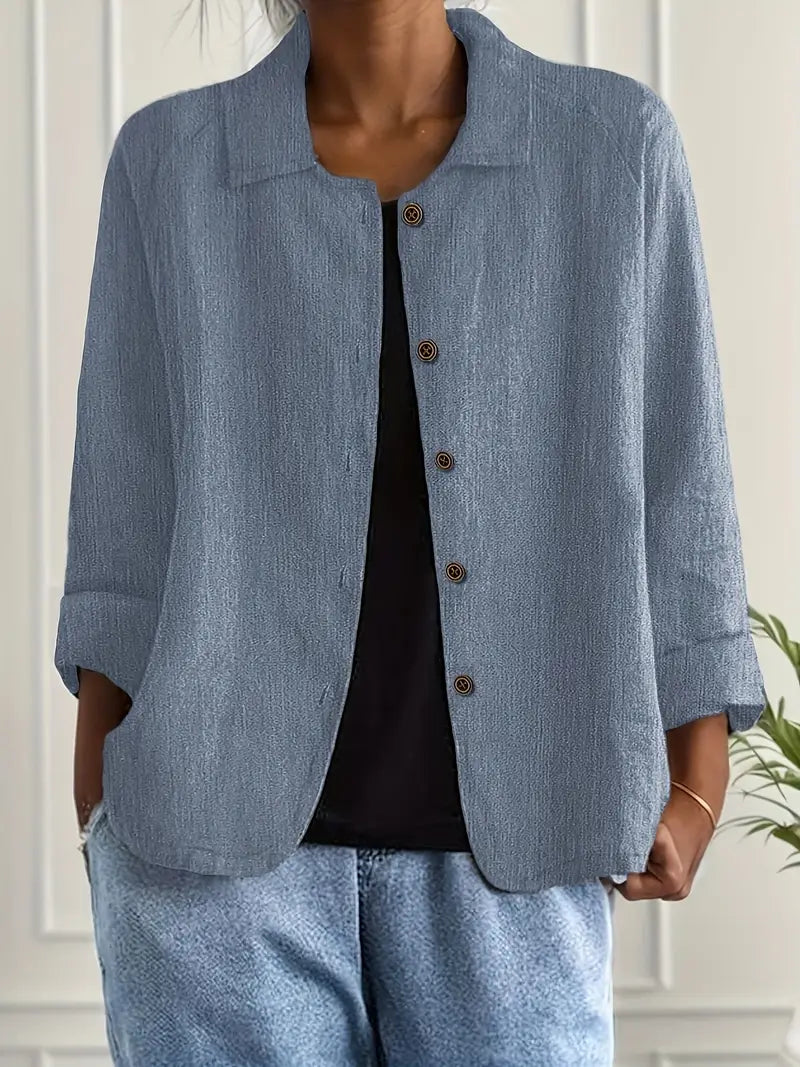 Amélie Rousseau | Sky Breeze Button Linen Jacket with Relaxed Elegance For Women