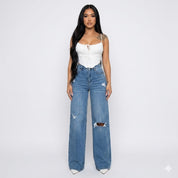 Alessia Moreau | Distressed Wide Leg Denim Jeans For Women