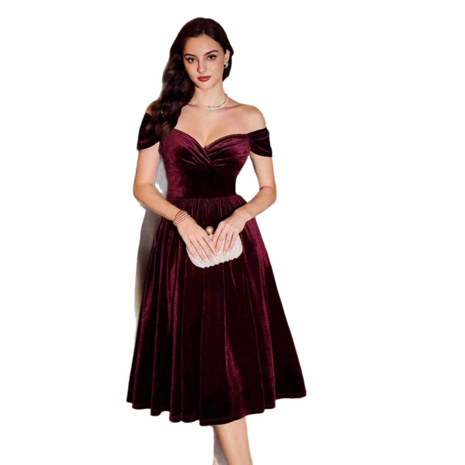 Greer Elmham | Wine Red Velvet Off Shoulder Cocktail Dress For Women