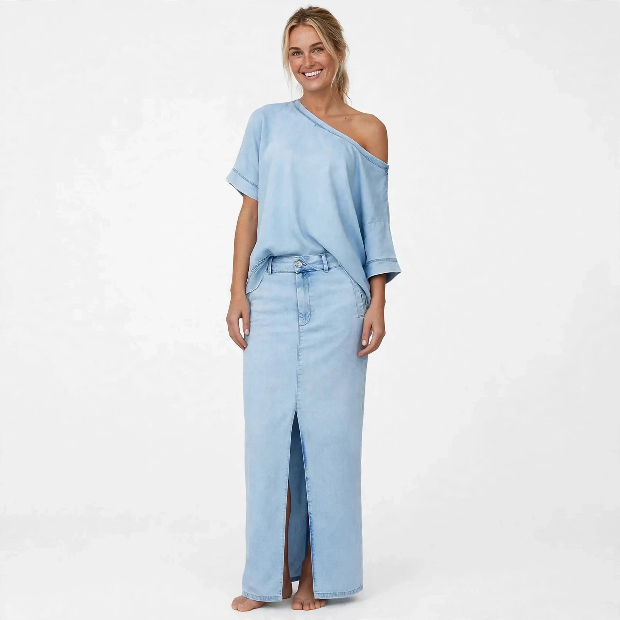 Lucy Ashwood | Off-Shoulder Denim Maxi Skirt Set For Women
