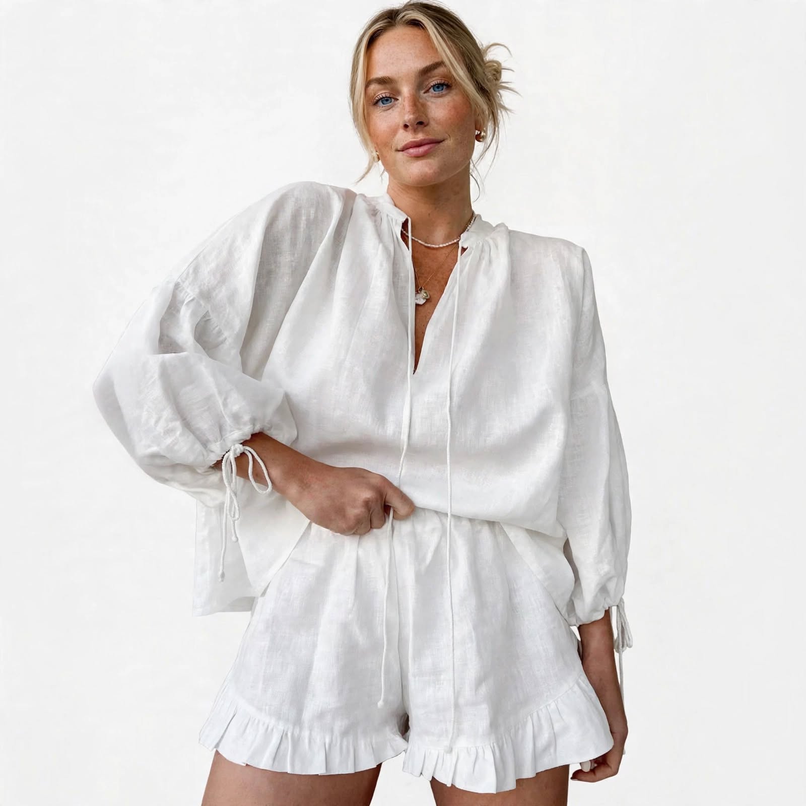 Ornella Hartworth | Tie Neck Top & Ruffle Shorts Summer Set For Women