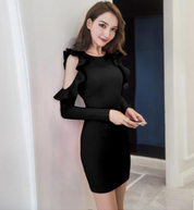 Eluned Holcombe | Black Cold Shoulder Ruffle Mini Dress For Women