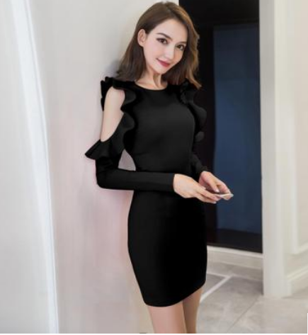 Eluned Holcombe | Black Cold Shoulder Ruffle Mini Dress For Women