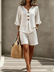 Freya Thornton | Linen Two-Piece Shorts Set with Ruffle Sleeve Detail For Women