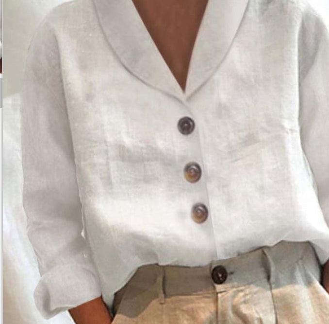 Ines Corholt | Linen-Look Shawl Collar Button Front Top For Women