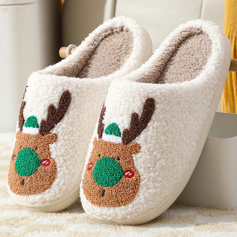 Reindeer Cheer | Cream Reindeer Print Christmas Slippers For Women