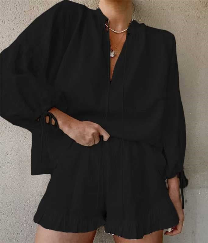 Ornella Hartworth | Tie Neck Top & Ruffle Shorts Summer Set For Women