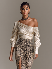Ava Turner | Satin Off-Shoulder Top With Zebra Print Skirt Set For Women