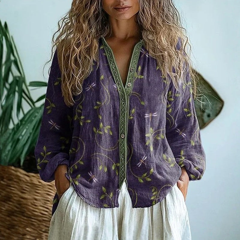 Élise Laurent | Botanical Linen Blouse with Artistic Print For Women