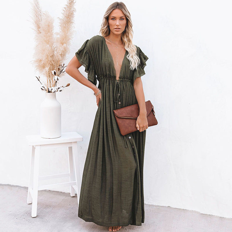Vera Draymere | Button Front V-Neck Maxi Dress For Women