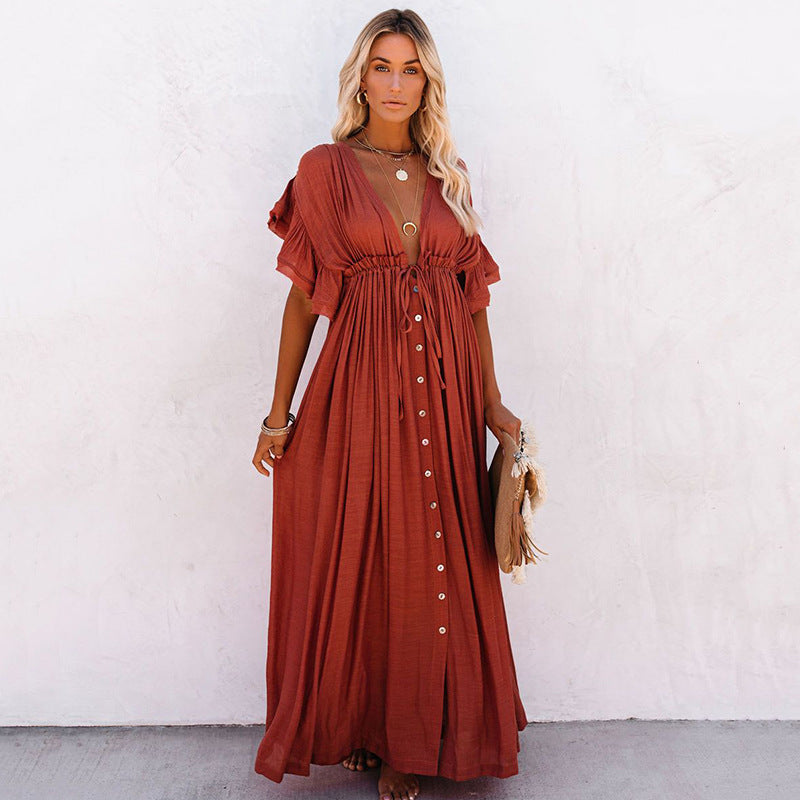 Vera Draymere | Button Front V-Neck Maxi Dress For Women