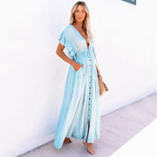 Vera Draymere | Button Front V-Neck Maxi Dress For Women