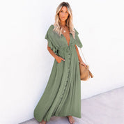 Vera Draymere | Button Front V-Neck Maxi Dress For Women