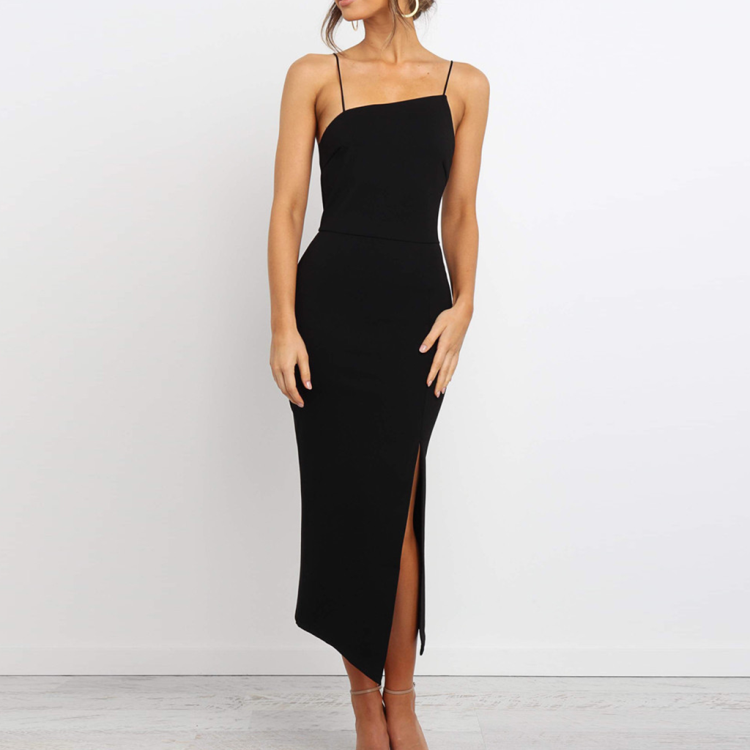 Ianthe Garworth | Black Asymmetric Strap Split Maxi Dress For Women