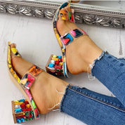 Rina Fairstone | Multicolour Patchwork Block Heel Sandals For Women