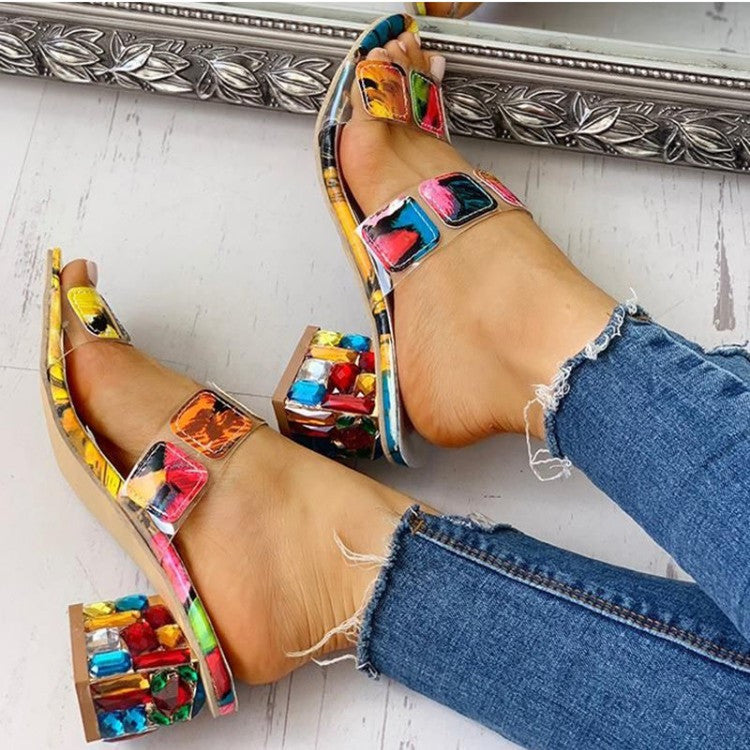 Rina Fairstone | Multicolour Patchwork Block Heel Sandals For Women
