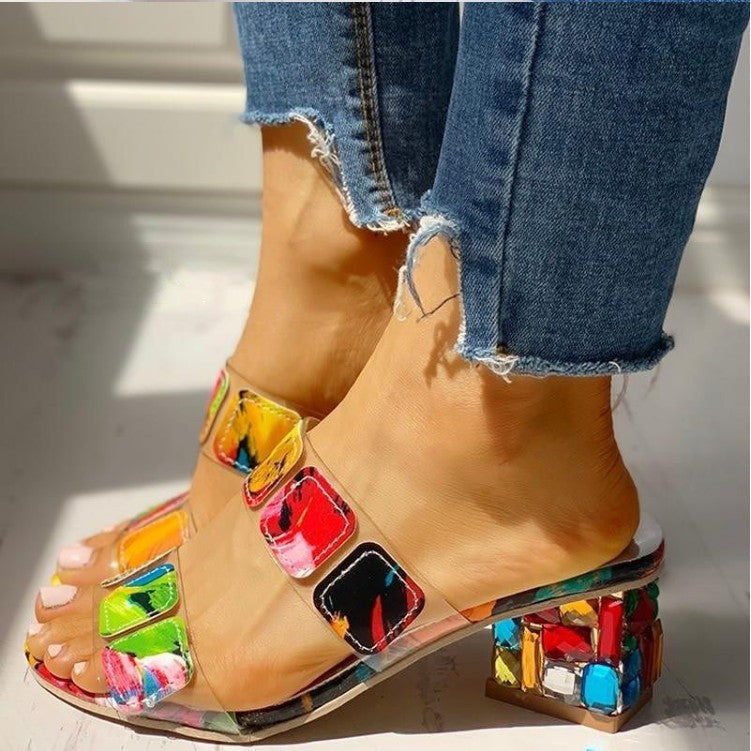 Rina Fairstone | Multicolour Patchwork Block Heel Sandals For Women