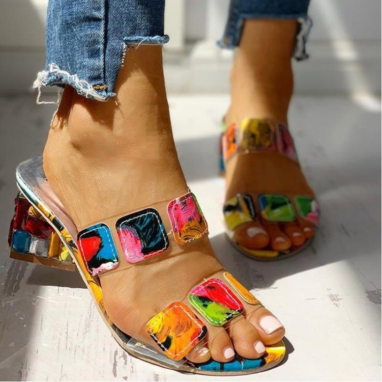 Rina Fairstone | Multicolour Patchwork Block Heel Sandals For Women