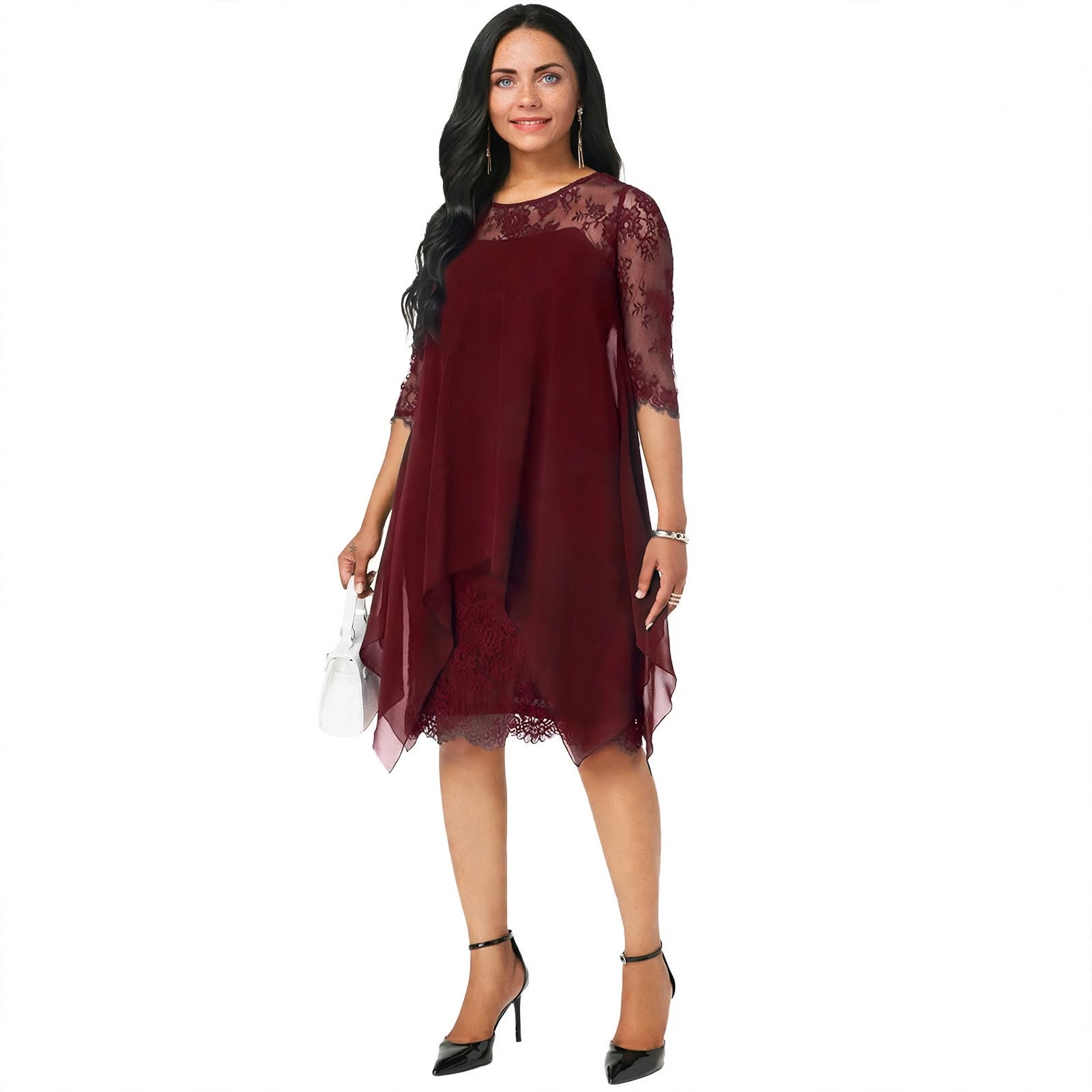 Michela Quarbrook | Lace Yoke Layered Chiffon Midi Dress For Women