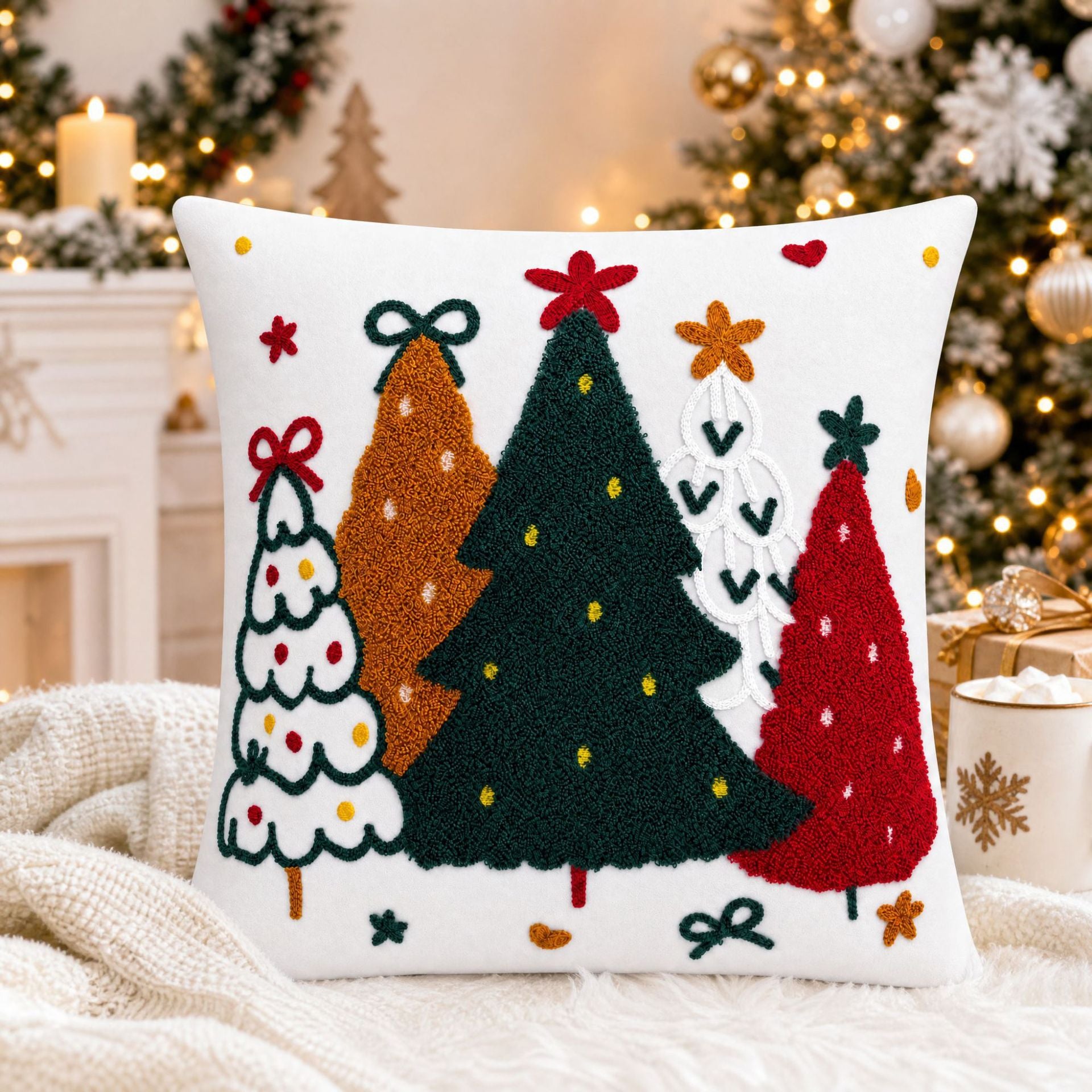 Fireside Noel | Embroidered Christmas Cushion Cover
