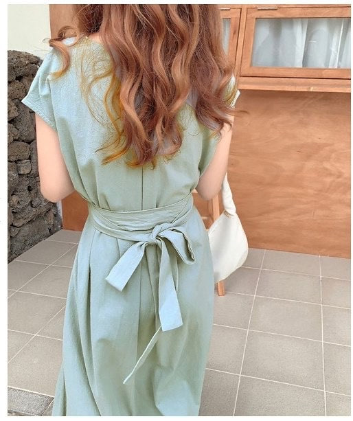 Gwen Windbridge | Khaki Pleated Tie Waist Midi Dress For Women