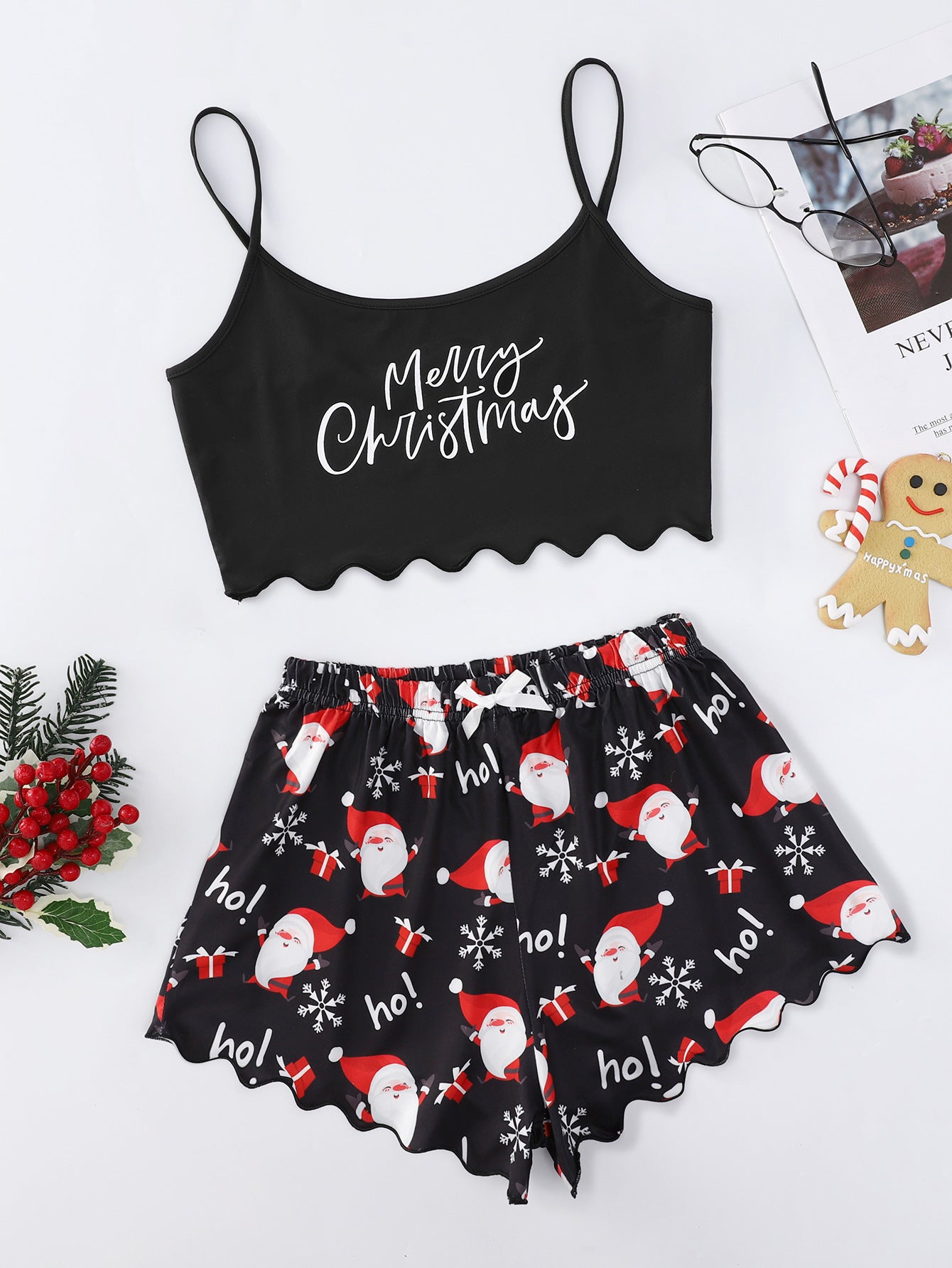 Snow Angel | Black Santa Baby Print Christmas Pyjamas For Women