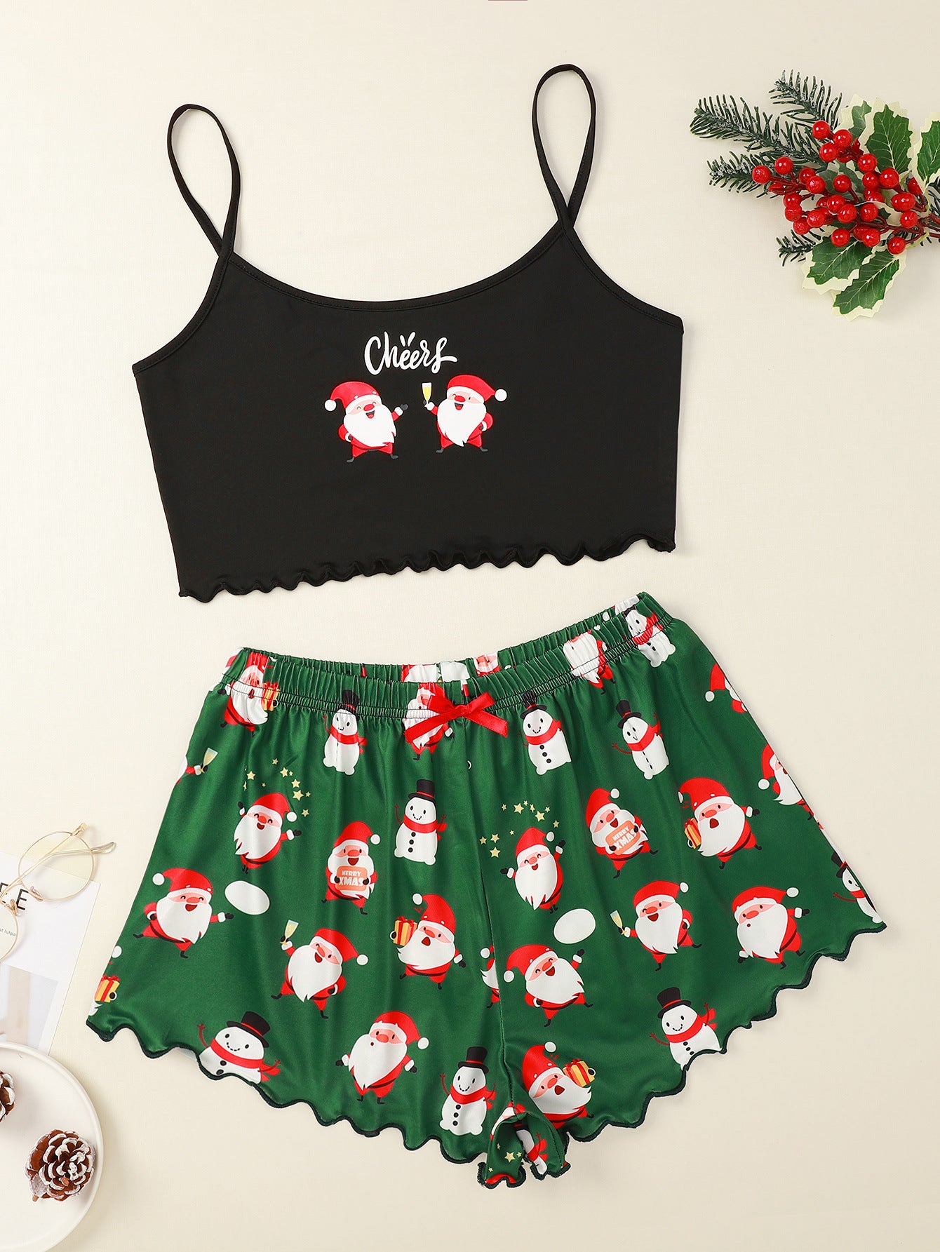 Snow Angel | Black Santa Baby Print Christmas Pyjamas For Women