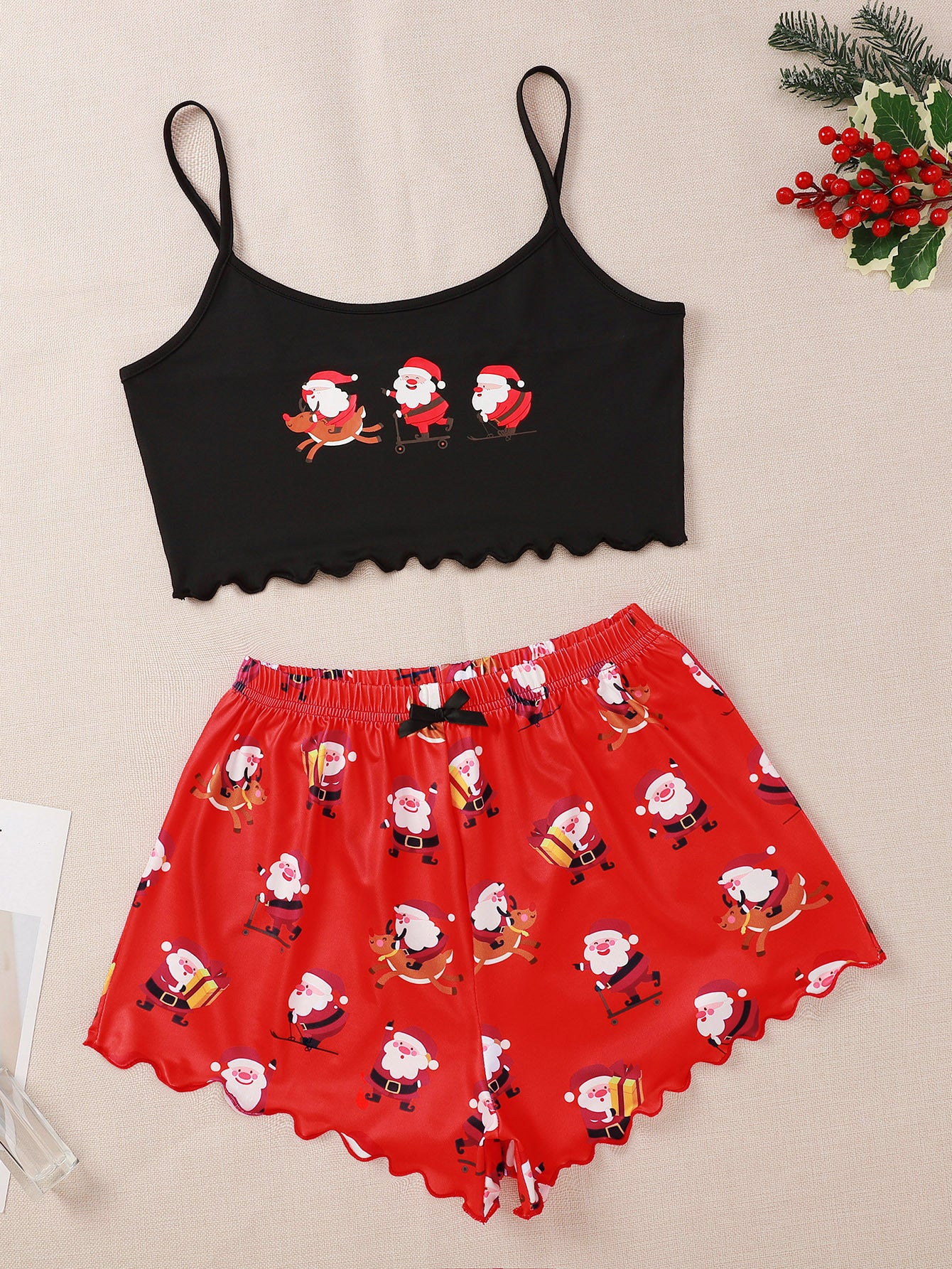 Snow Angel | Black Santa Baby Print Christmas Pyjamas For Women