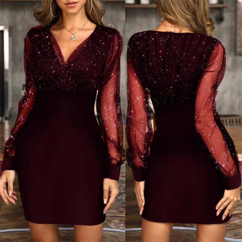 Elisa Aldham | Sequin V-Neck Sheer Sleeve Mini Dress For Women (Christmas / NYE)
