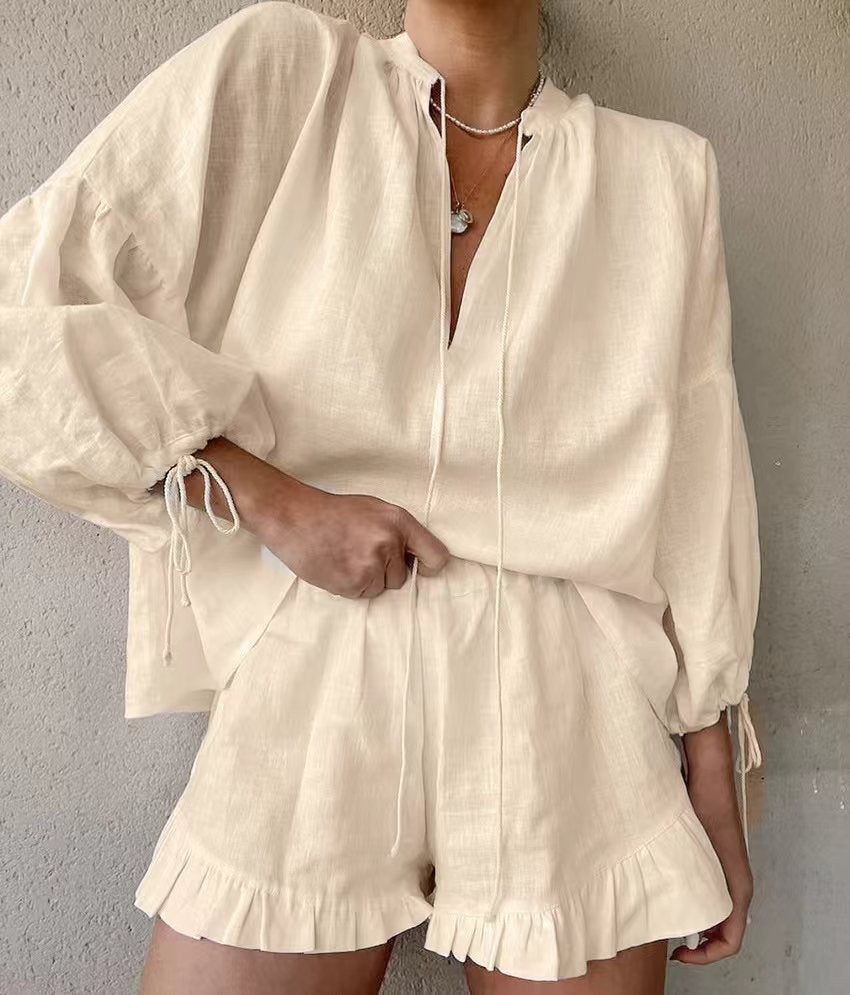 Ornella Hartworth | Tie Neck Top & Ruffle Shorts Summer Set For Women