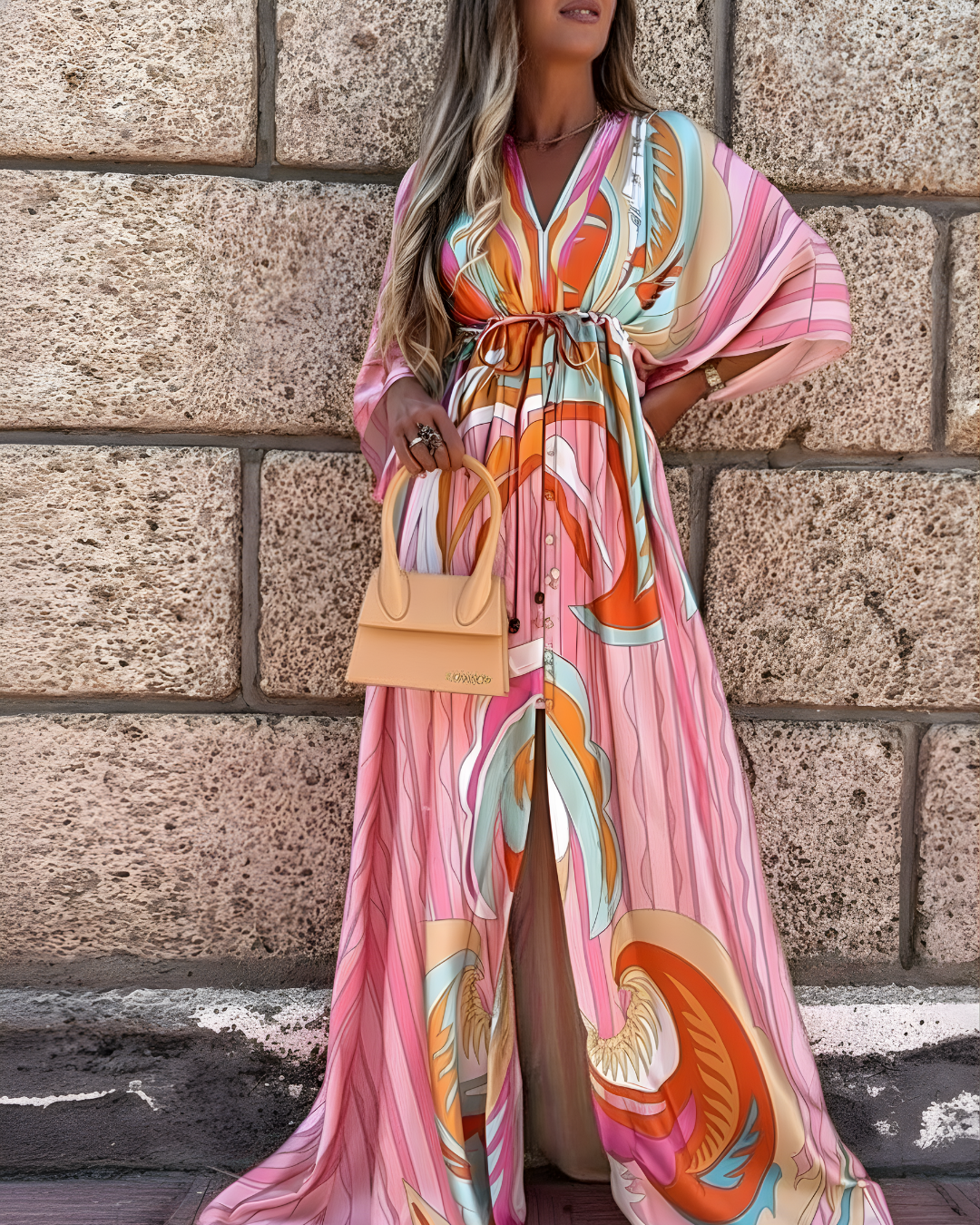 Celeste Moretti | Bohemian Maxi Dress With Luxe Artistic Print Detail For Women
