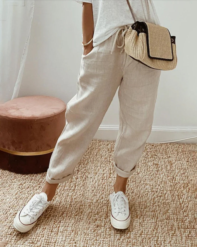 Matteo Ricci | Relaxed Linen Drawstring Trousers with Tapered Fit For Women