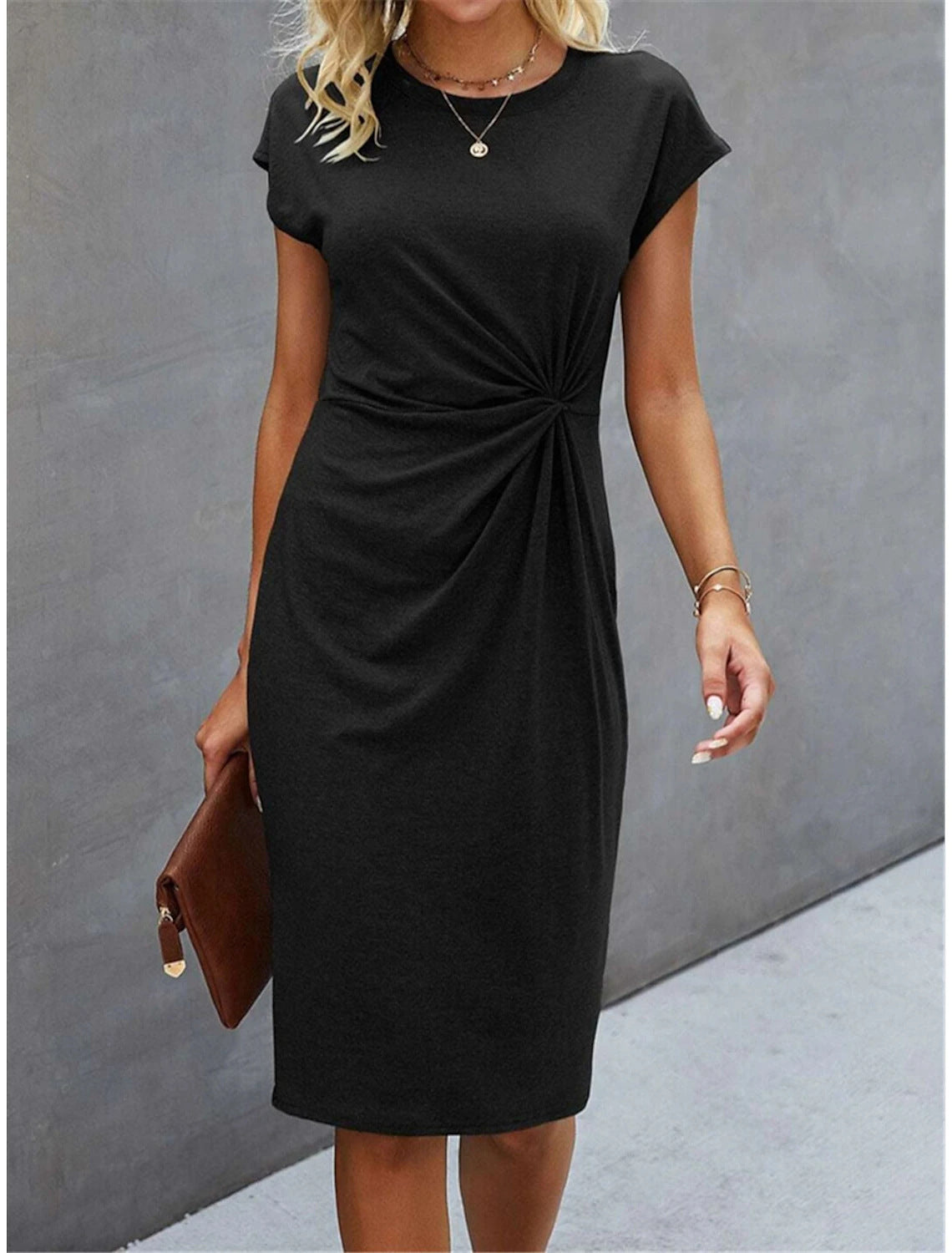 Allegra Marcroft | Black Ruched Cap Sleeve Midi Dress For Women