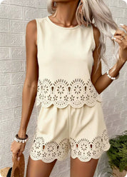 Amelia Rafferty | Eyelet Scallop Crop Tank & Shorts Set For Women — Butter Yellow
