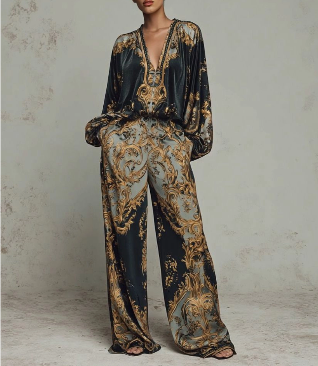 Margot Ashwood | Retro Baroque Print Wide-Leg Set For Women