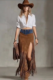 Nina Ashwood | Denim-Waist Suede Fringe Maxi Skirt For Women