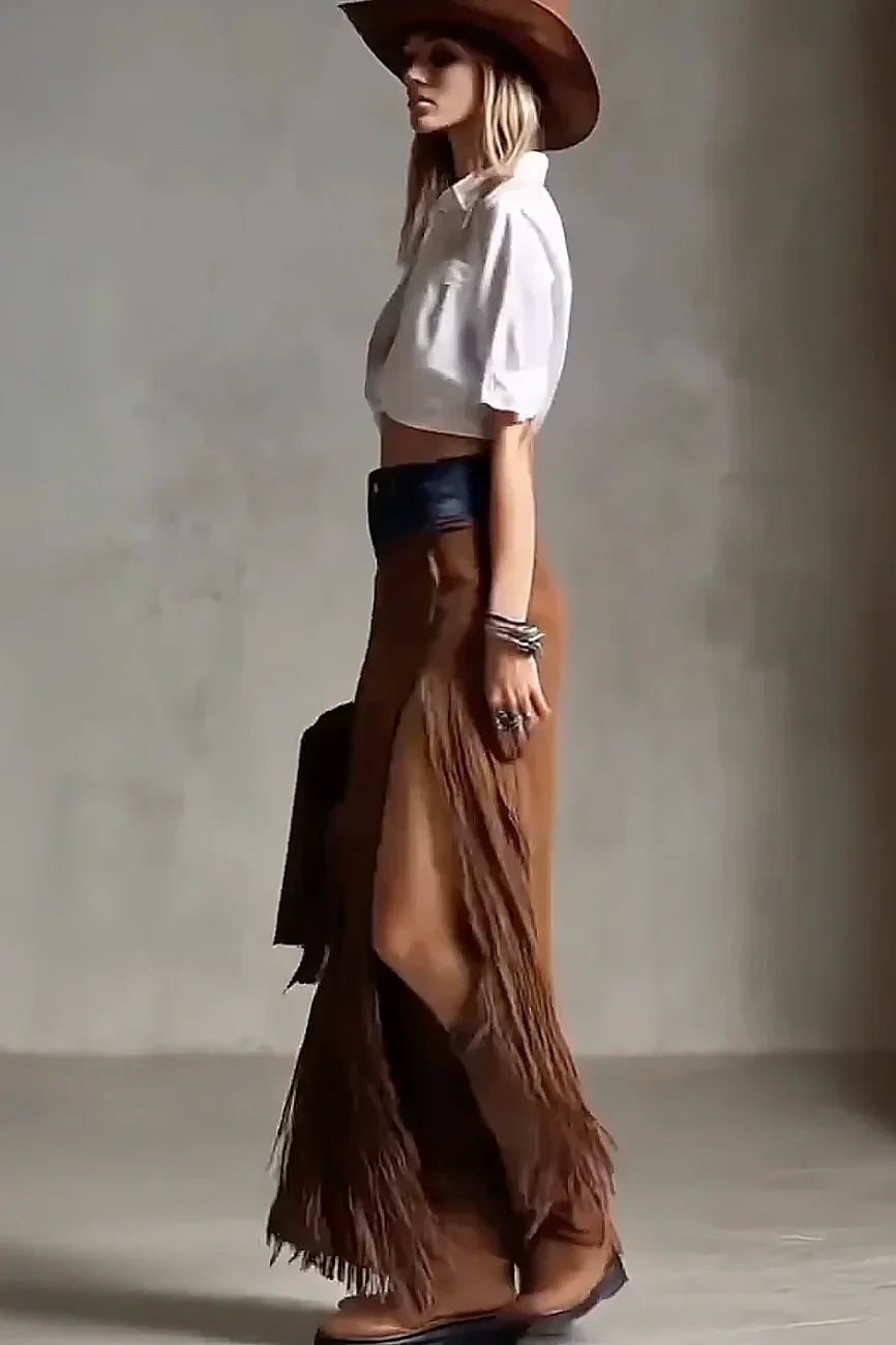 Nina Ashwood | Denim-Waist Suede Fringe Maxi Skirt For Women