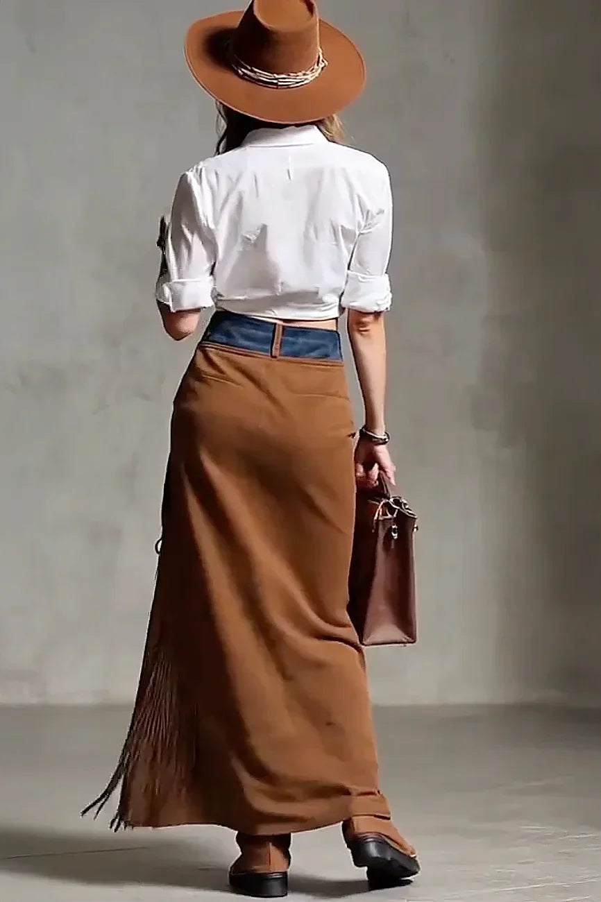Nina Ashwood | Denim-Waist Suede Fringe Maxi Skirt For Women