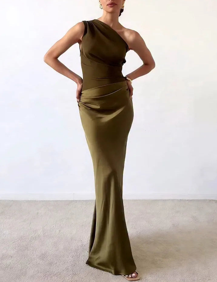 Valentina Ricci | Satin One-Shoulder Evening Maxi Dress with Sculpted Elegance For Women