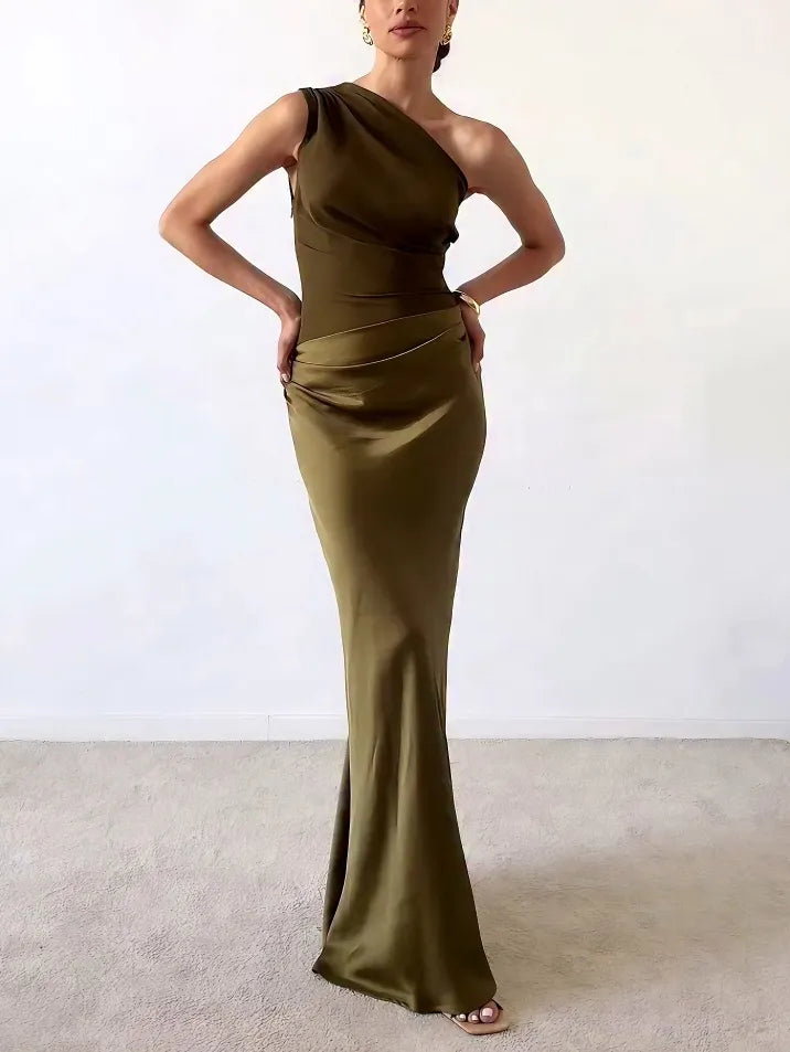 Valentina Ricci | Satin One-Shoulder Evening Maxi Dress with Sculpted Elegance For Women