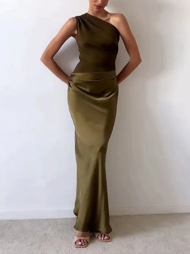 Valentina Ricci | Satin One-Shoulder Evening Maxi Dress with Sculpted Elegance For Women